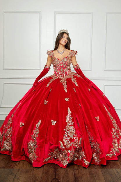 Red Quinceanera | Off-shoulder Velvet Sweetheart Gold Sequin sequin butterfly floral Ballgown with Sweep train - full front view of woman wearing dress and crown smiling looking to the side