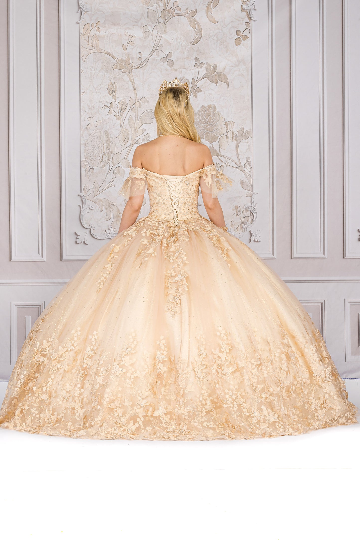 Quinceanera | Champagne Detachable Ruffle Sleeves Butterfly Sweet 15 Ballgown | Magdalena Dress back view