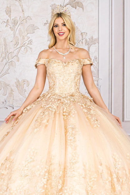 Quinceanera | Champagne Detachable Ruffle Sleeves Butterfly Sweet 15 Ballgown | Magdalena Dress front zoom without  tulle sleeves 