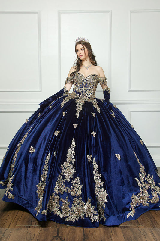 Navy Quinceanera | Off-shoulder Velvet Sweetheart Gold Sequin sequin butterfly floral Ballgown with Sweep train - front view of woman wearing dress with hands at her sides also wearing a crown