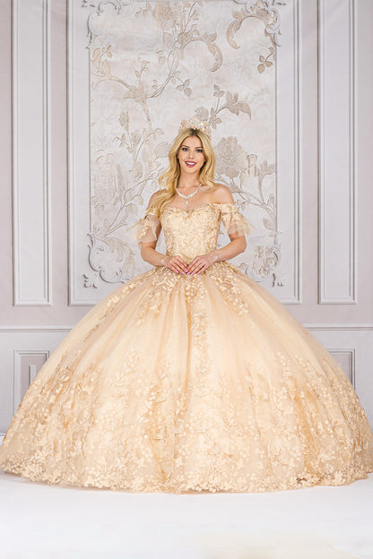 Quinceanera | Champagne Detachable Ruffle Sleeves Butterfly Sweet 15 Ballgown | Magdalena Dress front with sleeves