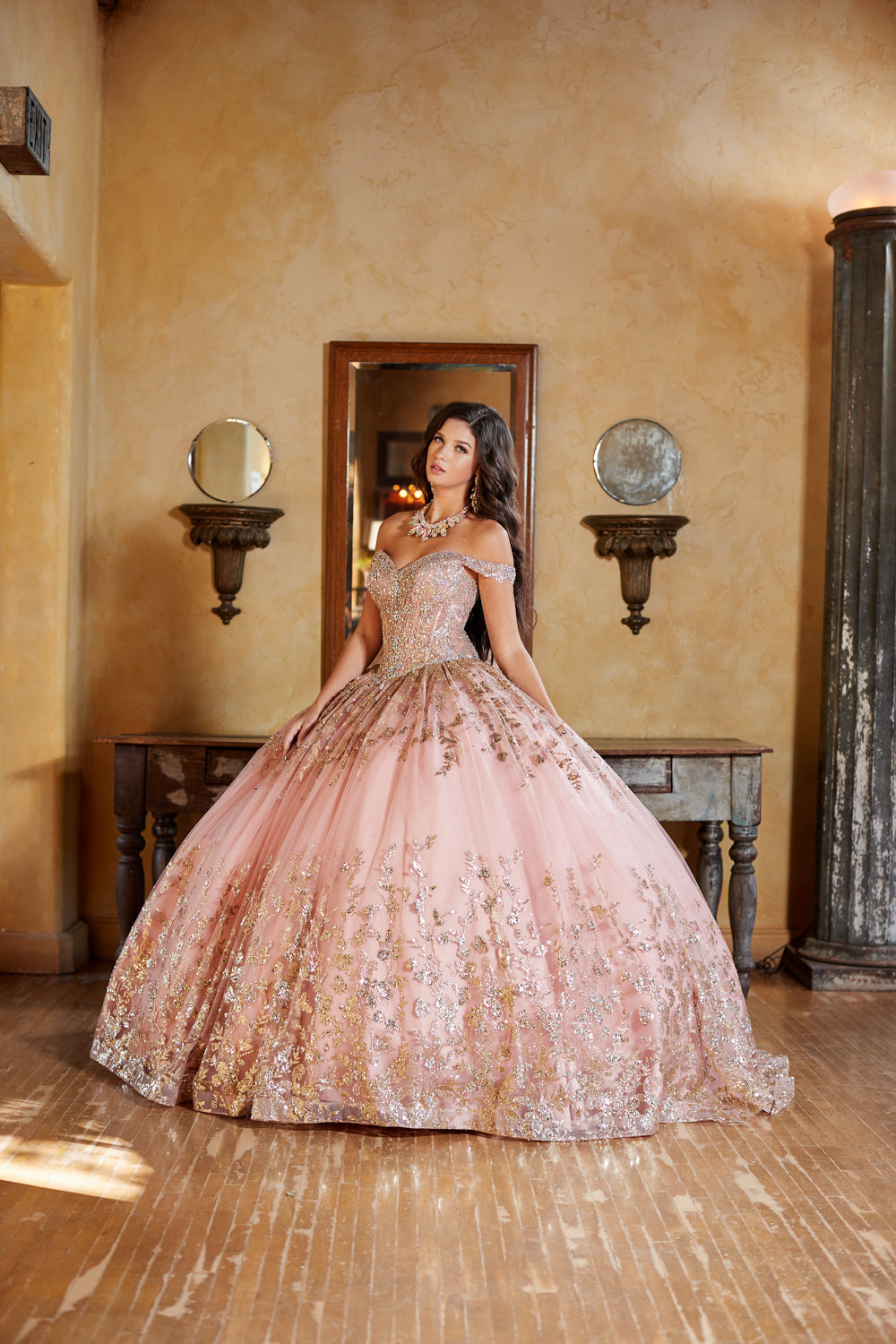 Rose Gold Detachable Train With Stones and Gems See-through Bodice Quince Ball Gown front side view