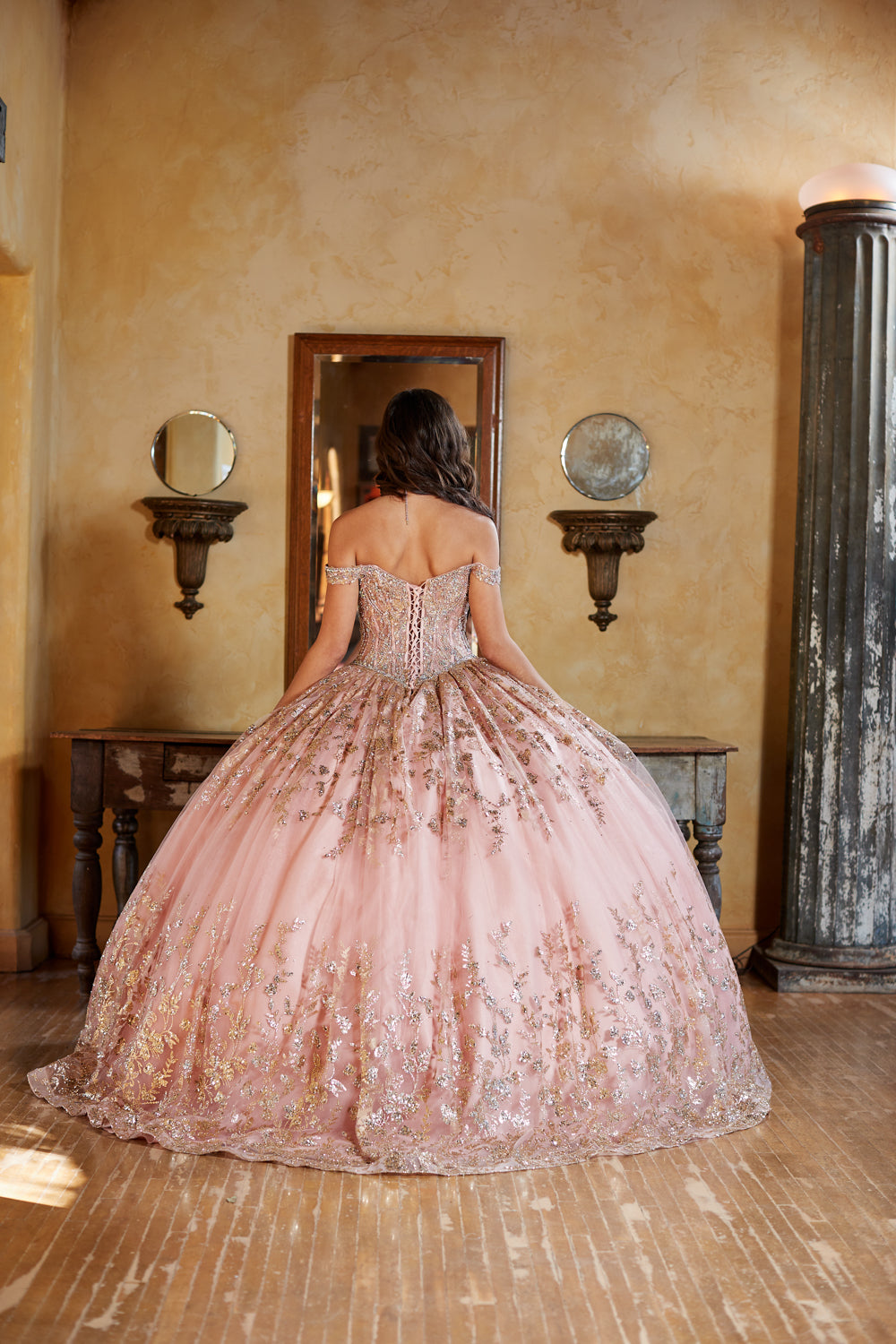 Rose Gold Detachable Train With Stones and Gems See-through Bodice Quince Ball Gown back view