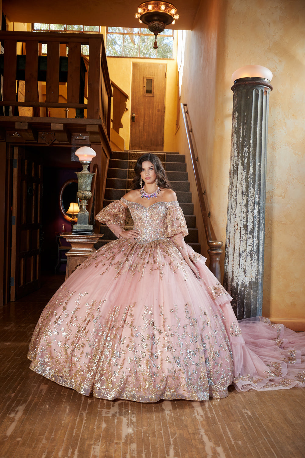 Rose Gold Detachable Train With Stones and Gems See-through Bodice Quince Ball Gown front with train