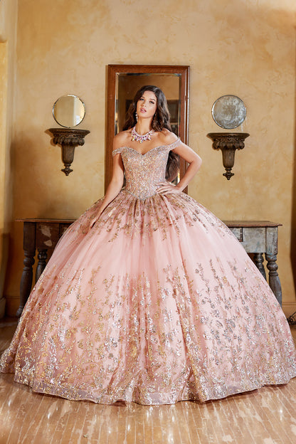 Rose Gold Detachable Train With Stones and Gems See-through Bodice Quince Ball Gown front without train and long sleeves