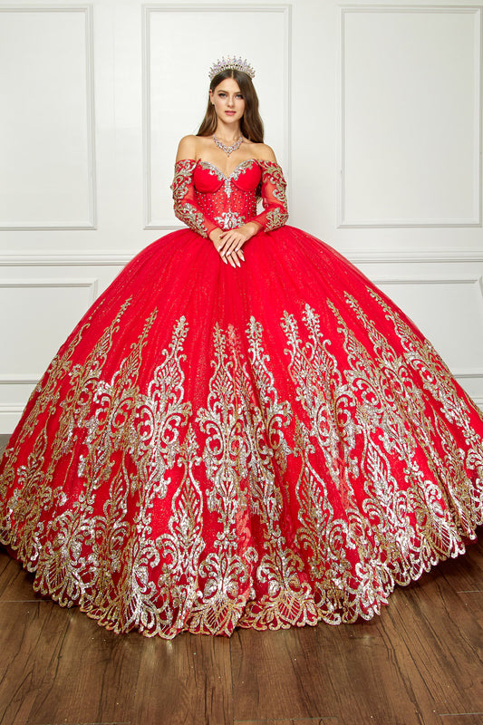 Quinceanera | Red Embroidered Bodice Gems, Rhinestones Sweetheart Neckline with Detachable Long Sleeves and Gold Glitter Details Quince Ballgown | Luz dress | 2 Colors Available front whole