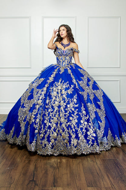 Quinceañera | Blue Gold Dazzling Off-The-Shoulder Cathedral Quince Ball Gown with Detachable Train | Alondra dress front side