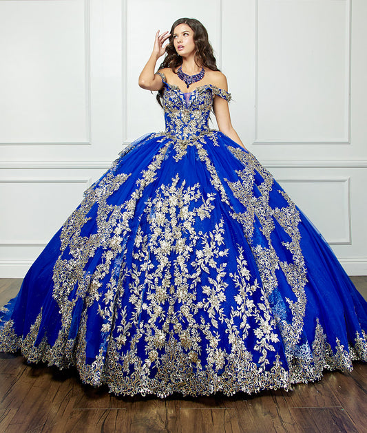 Quinceañera | Blue Gold Dazzling Off-The-Shoulder Cathedral Quince Ball Gown with Detachable Train | Alondra dress front side front view