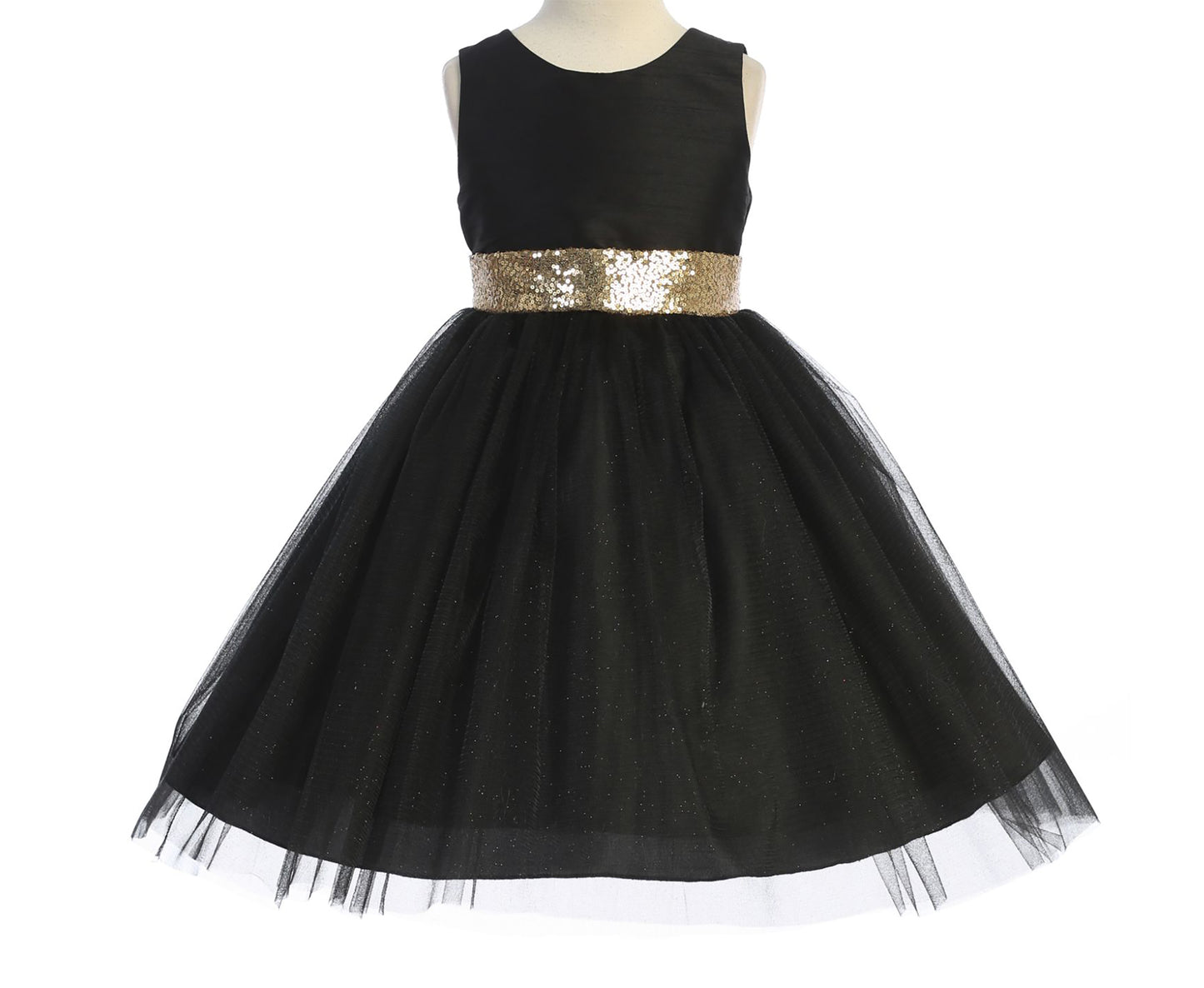 Black USA Made | Sequin V-Back Tulle Flower Girl Dress with detachable Ribbon pin - front view of dress