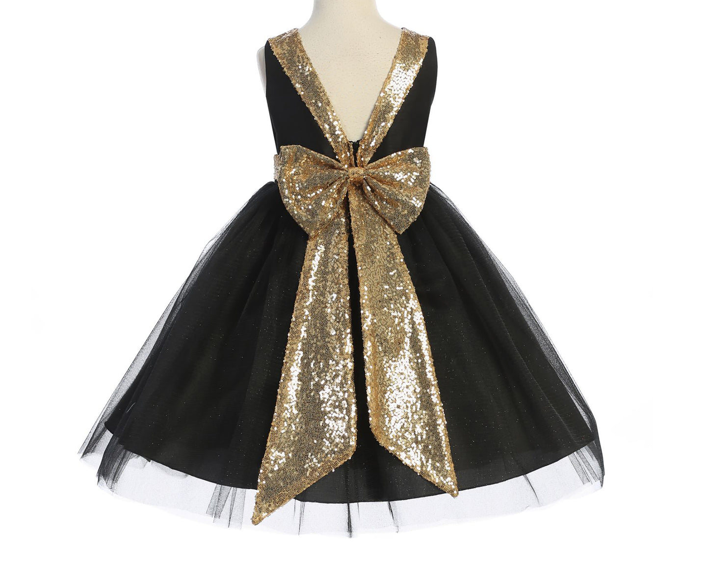 Black USA Made | Sequin V-Back Tulle Flower Girl Dress with detachable Ribbon pin - back view of dress with gorgeous long bow