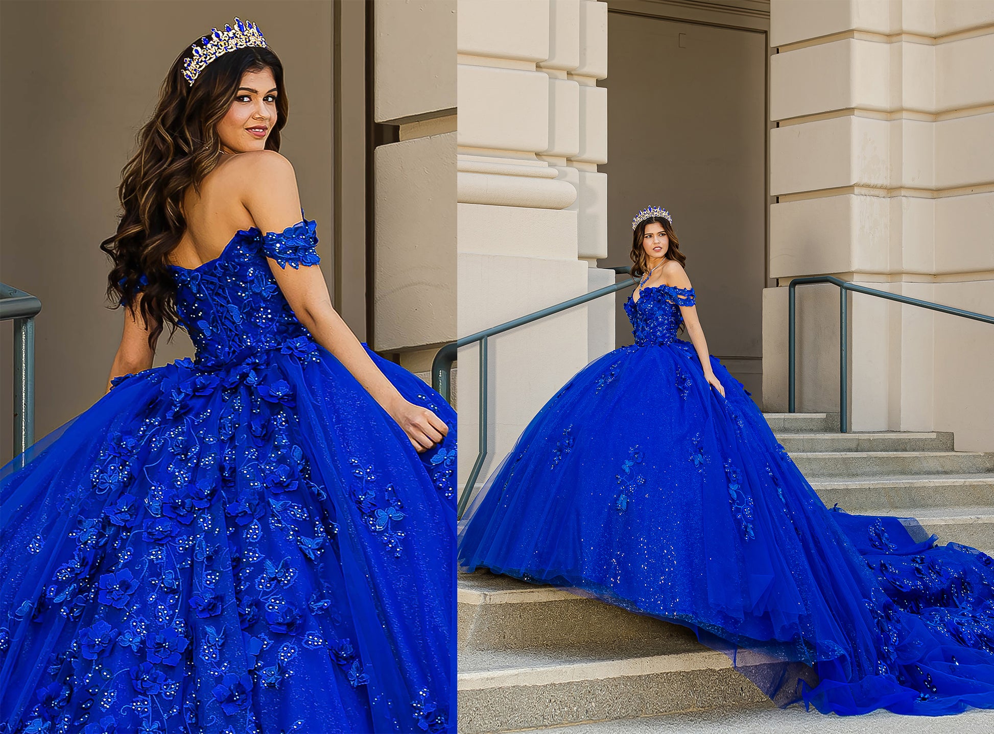 Blue Long Train Off-Shoulder Sequin detail 3D Flower and Butterflies bodice with Sparkle Tulle Quince Dress - split view of woman wearing dress and crown, side view and back view