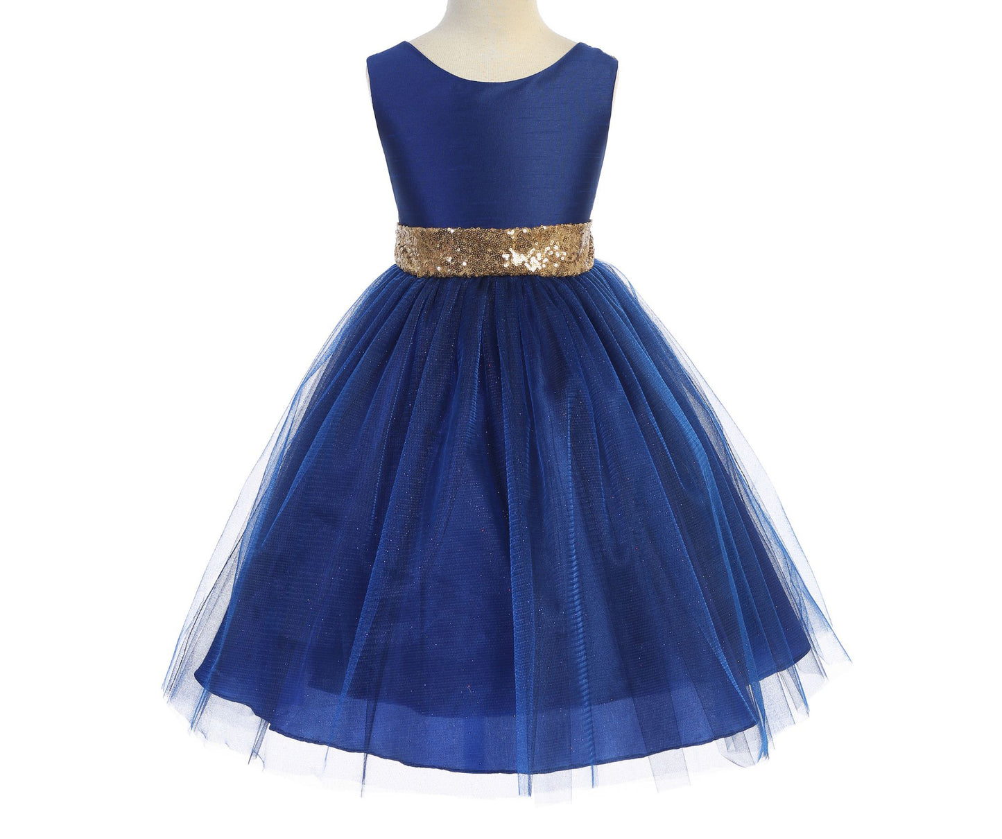 Royal Blue USA Made | Sequin V-Back Tulle Flower Girl Dress with detachable Ribbon pin - front view of dress