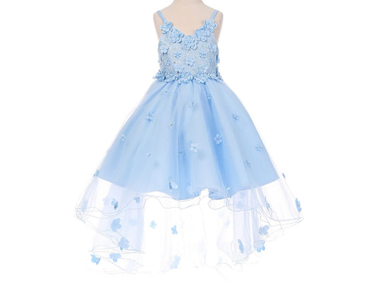 Sky Blue High-Low Tulle Dress with Embedded 3D Floral Design | Flower Girl Dress - front view of dress