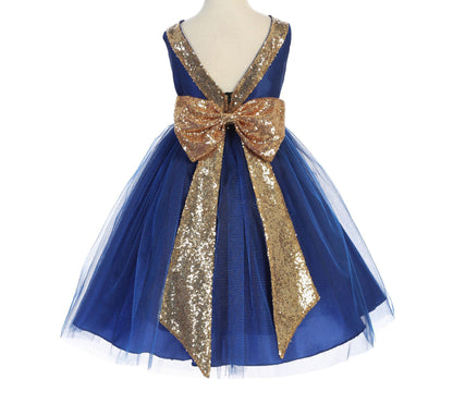 Royal Blue USA Made | Sequin V-Back Tulle Flower Girl Dress with detachable Ribbon pin - back view of dress with gorgeous bow