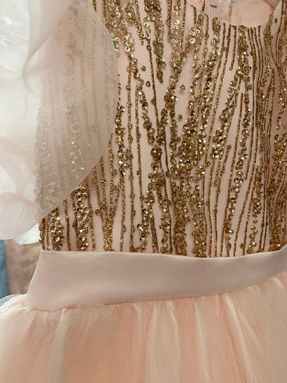 Blush USA Made | Glittering Sequin bodice Luxurious Tulle with Organza Bubble Sleeve Tea-length dress - zoomed in view of dress featuring pattern and exquisite details