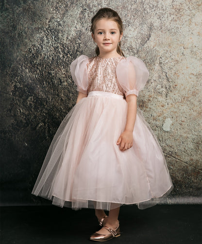 Blush USA Made | Glittering Sequin bodice Luxurious Tulle with Organza Bubble Sleeve Tea-length dress - front view of girl wearing dress looking at camera