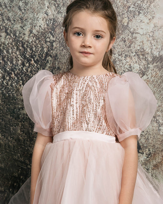 girl wearing a Blush Glittering Sequin bodice Luxurious Tulle with Organza Bubble Sleeve Tea-length dress