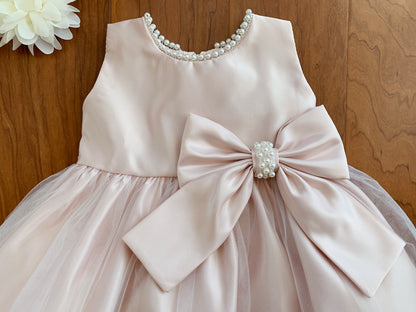 Blush USA Made | Pearl Neckline & Pearl detail Bow Satin and Tulle Flower Girl Dress - front zoomed in view of dress and bow