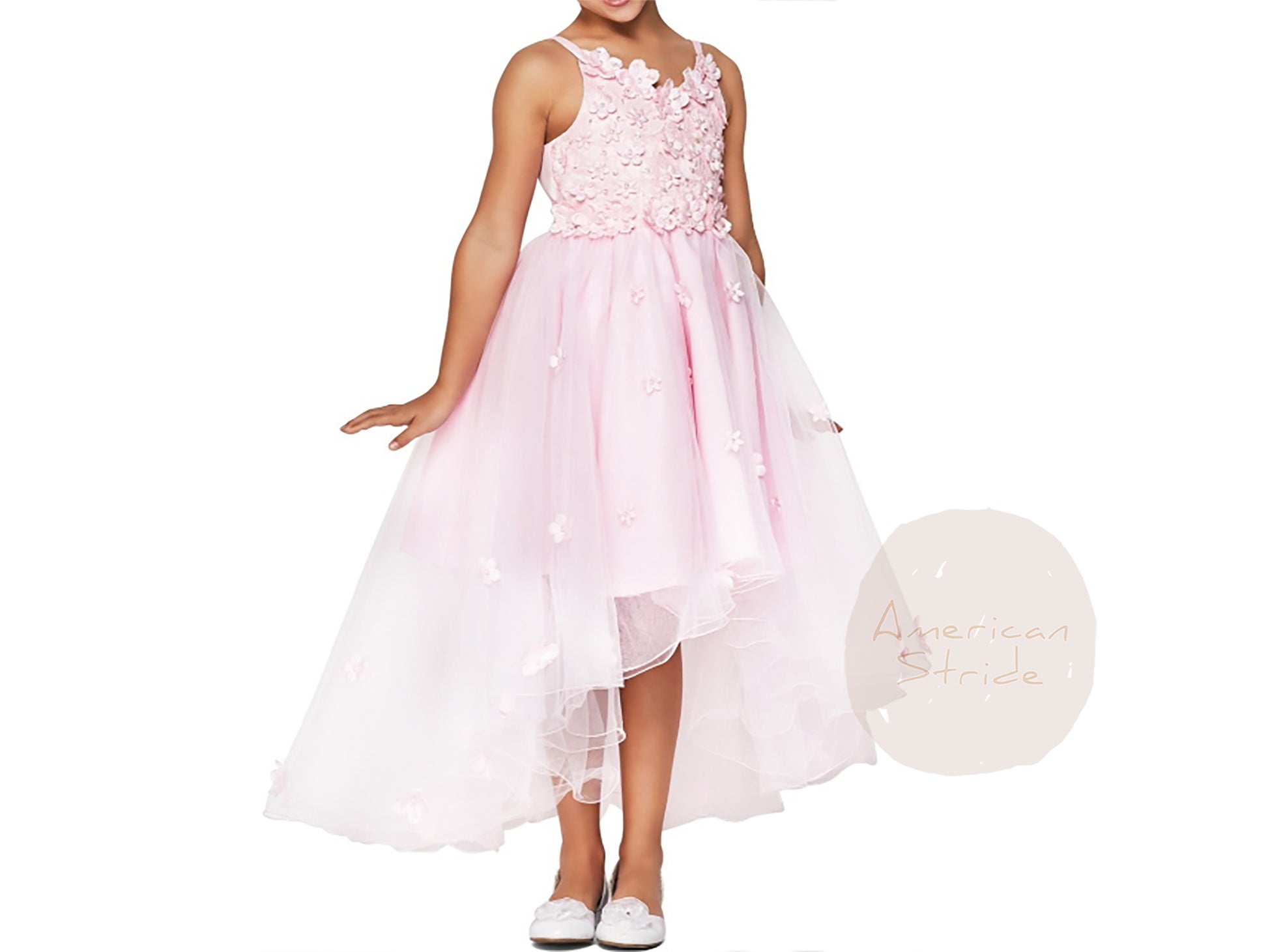 Blush High-Low Tulle Dress with Embedded 3D Floral Design | Flower Girl Dress - front view of girl wearing dress