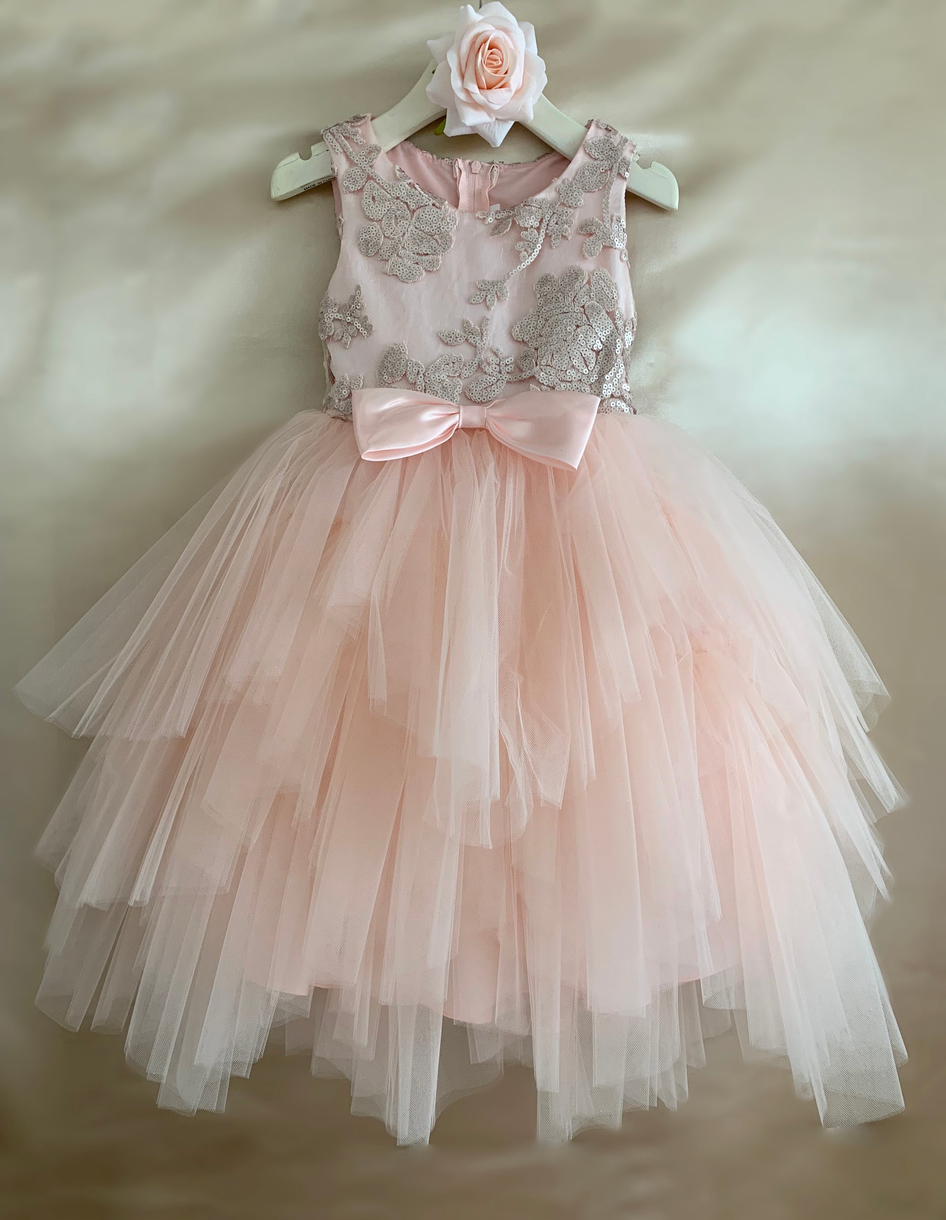 Blush USA Made | Embroidered Sequined Top with Gorgeous multiple tiered skirt - front of dress with bow