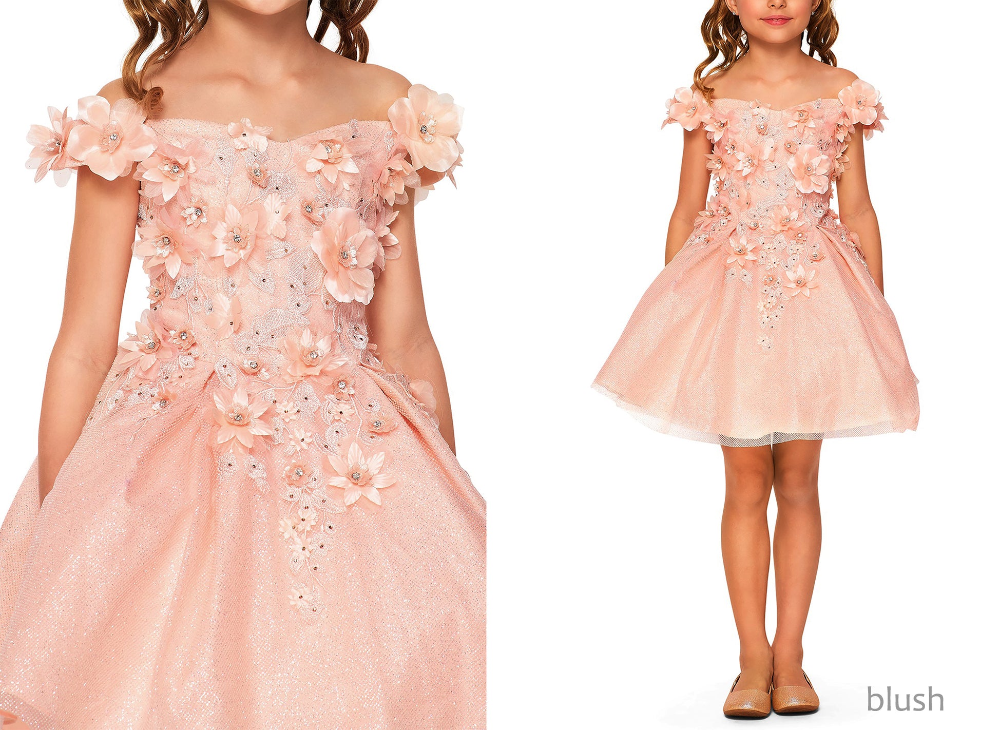 Blush Kid Dress | Off-shoulder 3D flowers with Shiny Fabric Kid Party Flower Girl Dress | Anaya S dress | 6 Colors Available two photos