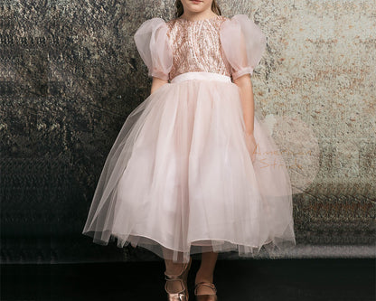 Blush USA Made | Glittering Sequin bodice Luxurious Tulle with Organza Bubble Sleeve Tea-length dress - front view of girl wearing dress with focus on skirt