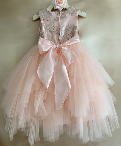 Blush USA Made | Embroidered Sequined Top with Gorgeous multiple tiered skirt - back view of dress and tied bow