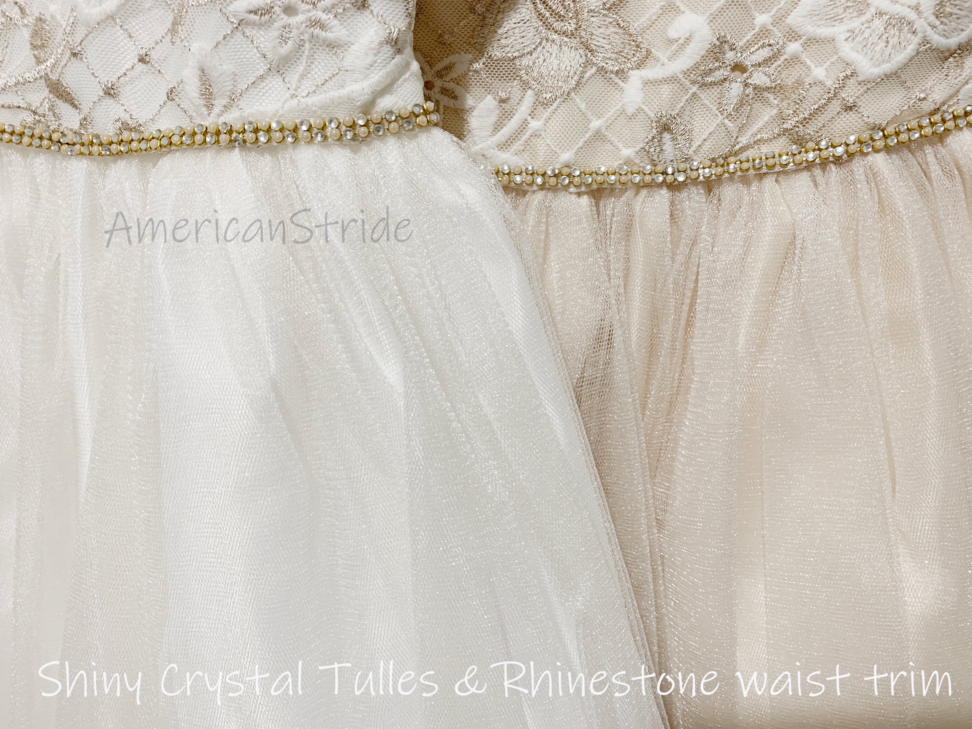 Champagne USA Made | 3/4 sleeve Lattice Flower Embroidered Lace with Satin & Crystal Tulle Flower Girl Dress - zoomed in front view of 2 dresses side by side