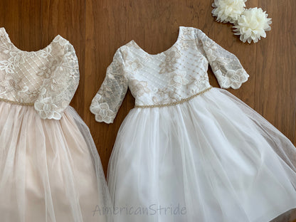 Champagne USA Made | 3/4 sleeve Lattice Flower Embroidered Lace with Satin & Crystal Tulle Flower Girl Dress - front view of two dresses side by side