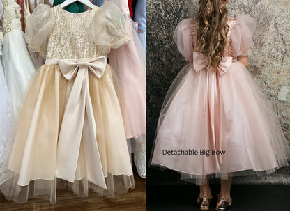 Champagne USA Made | Glittering Sequin bodice Luxurious Tulle with Organza Bubble Sleeve Tea-length dress - split view front/back of dress. Detachable Big Bow.