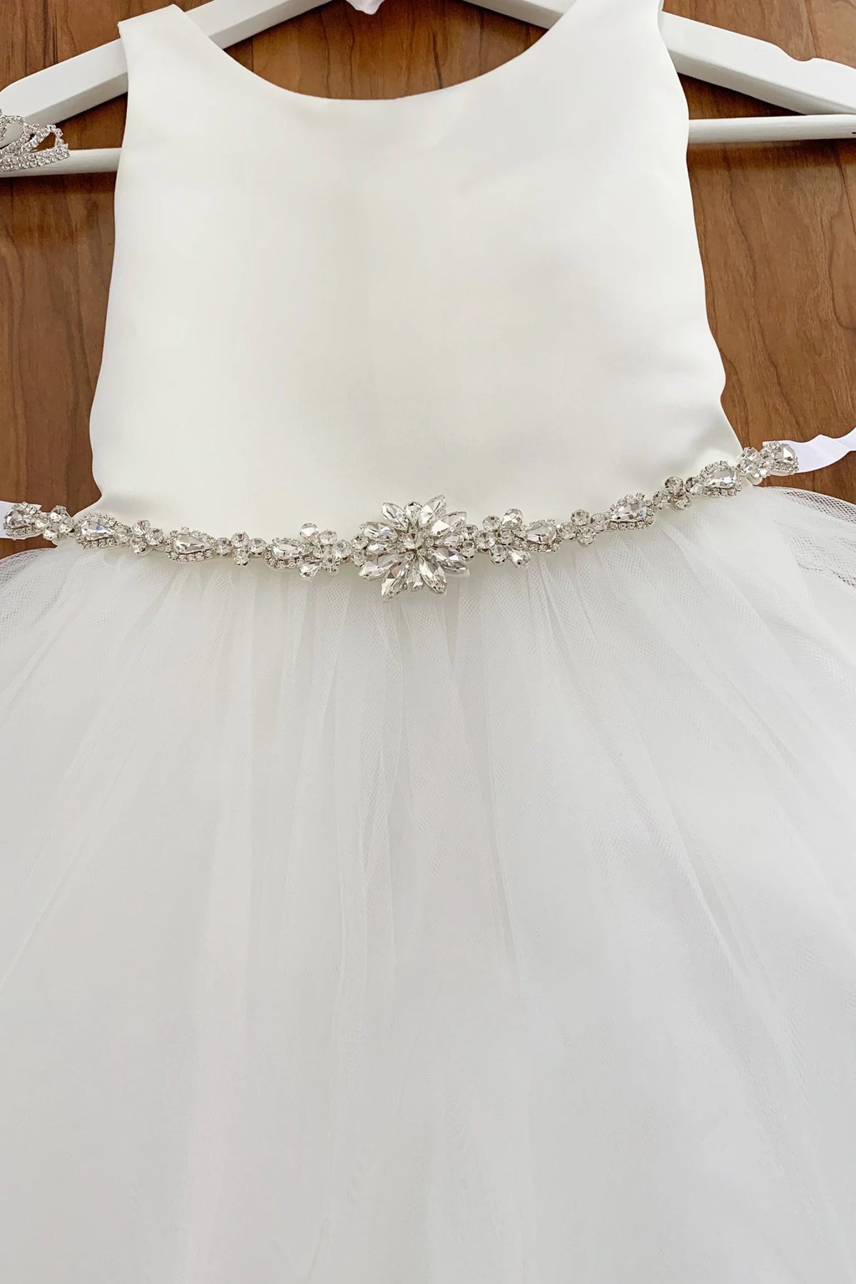 Silver rhinestone satin floral flower girl sash belt.