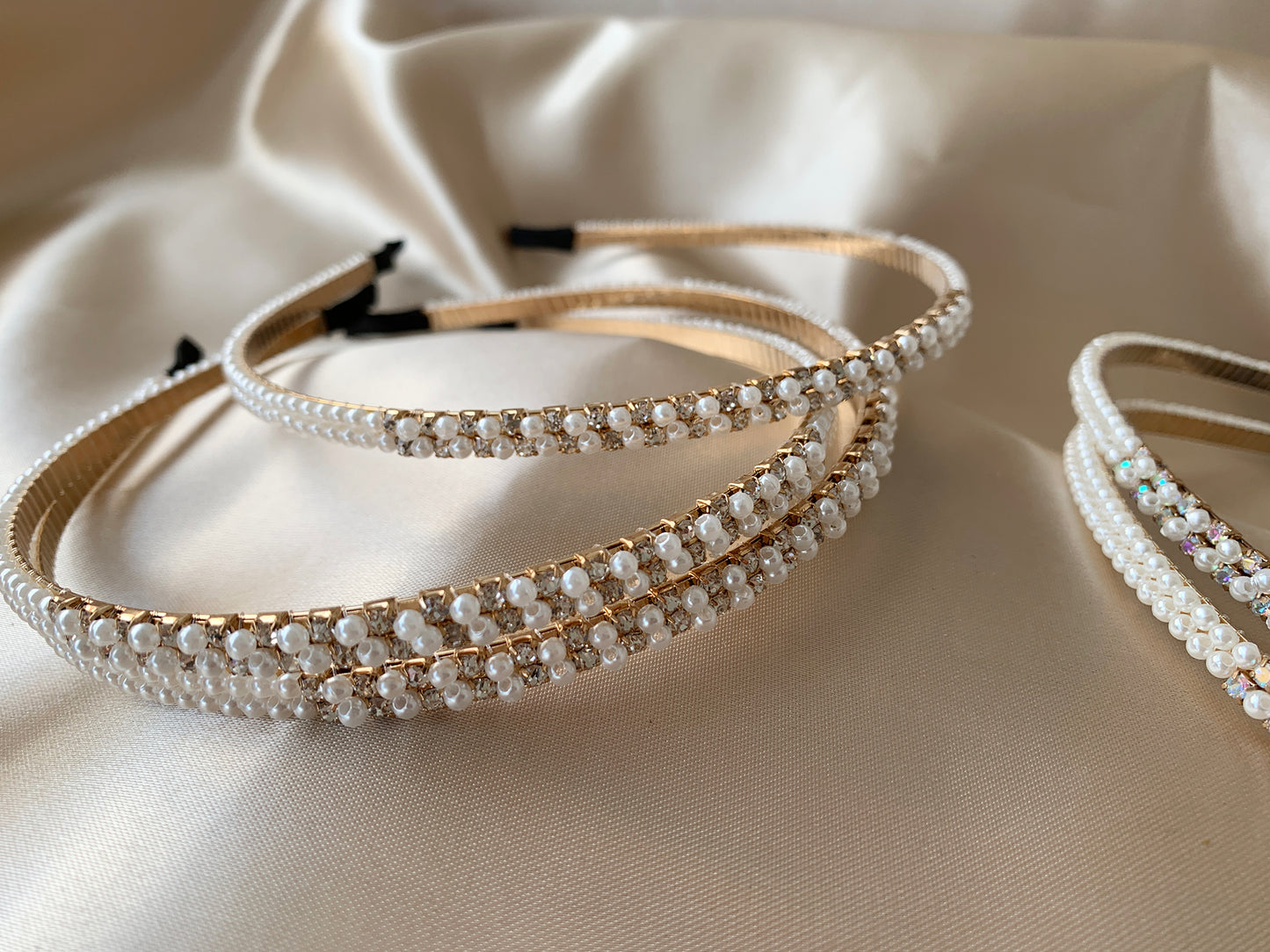 Multi color pearl rhinestone flower girl headband.