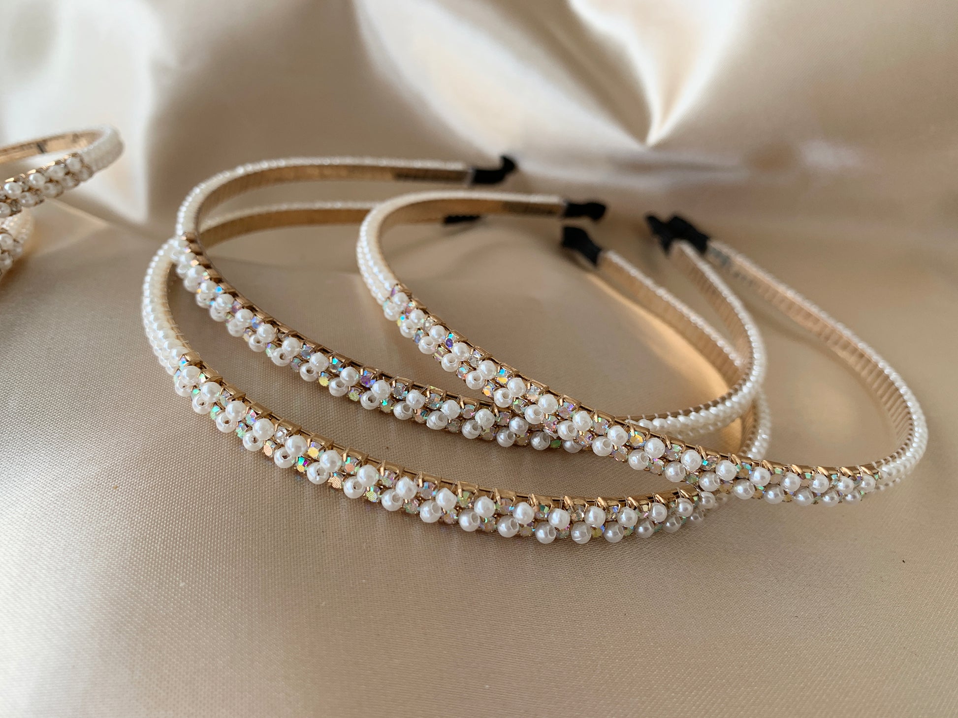 Multi color pearl rhinestone flower girl headband.