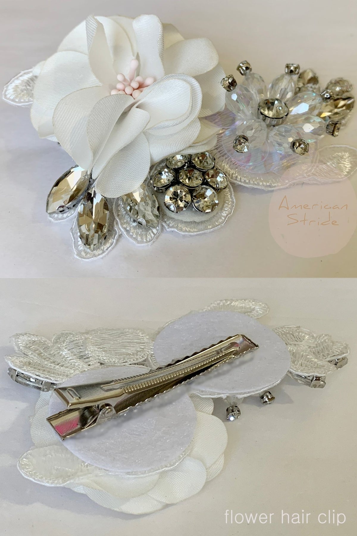 Off white rhinestone floral flower girl hair clip, front view.