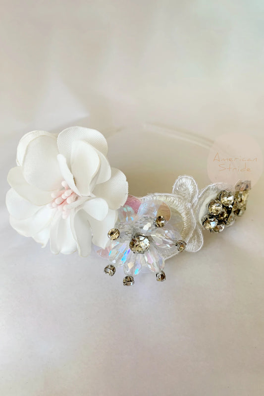 White rhinestone floral flower girl headband.