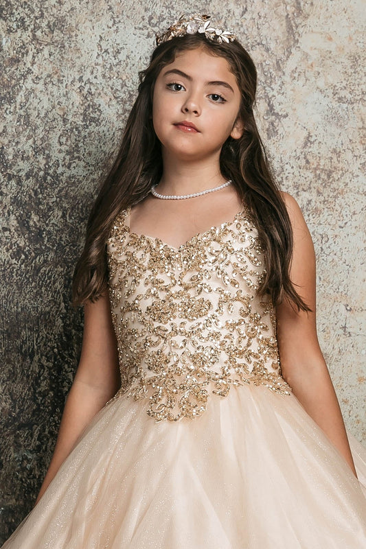 Zoomed front view of a champagne kids mini quinceanera dress highlighting sequin beaded embroidery bodice and glitter tulle skirt