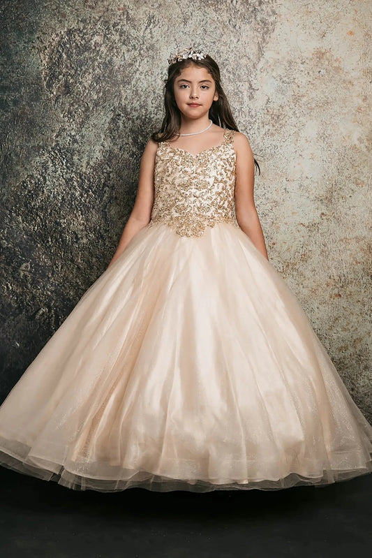 Front view of a champagne kids mini quinceanera mini quince dress with sequin beaded embroidery bodice and glitter tulle skirt.