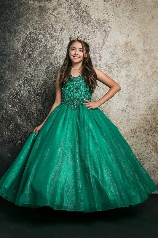 Front view of a green kids mini quinceanera mini quince dress with sequin beaded embroidery bodice and glitter tulle skirt.