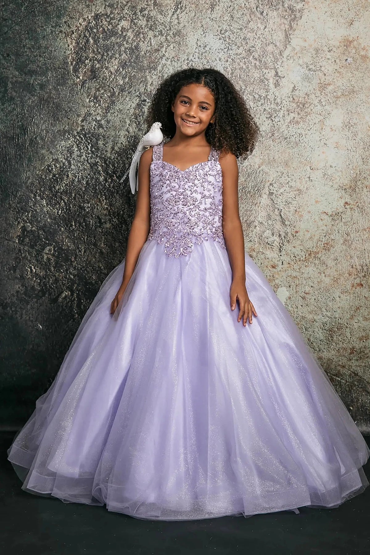 Front view of a lilac kids mini quinceanera mini quince dress with sequin beaded embroidery bodice and glitter tulle skirt.