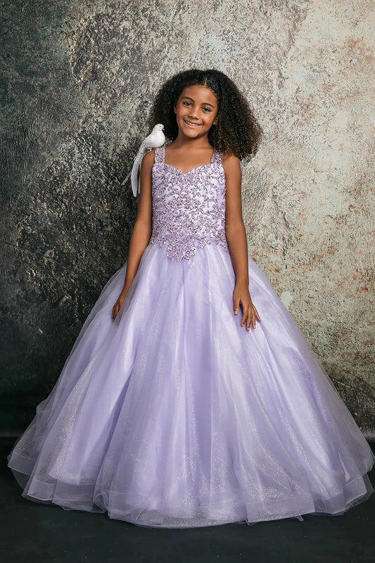 Front view of a lilac kids mini quinceanera mini quince dress with sequin beaded embroidery bodice and glitter tulle skirt.