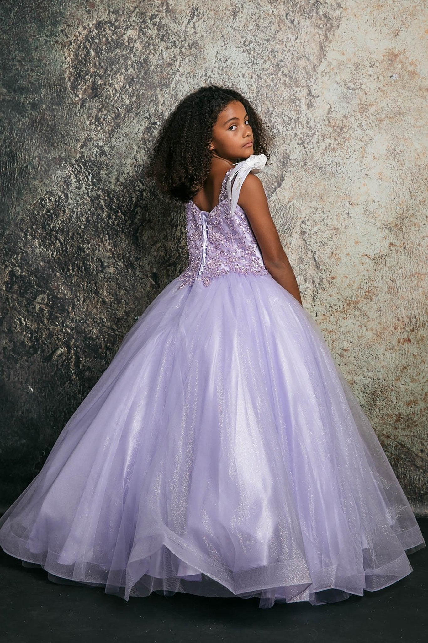 Front view of Lilac Kids Dress with Sequin Beaded Embroidery Bodice and Glitter Tulle, Mini Quince Dress.