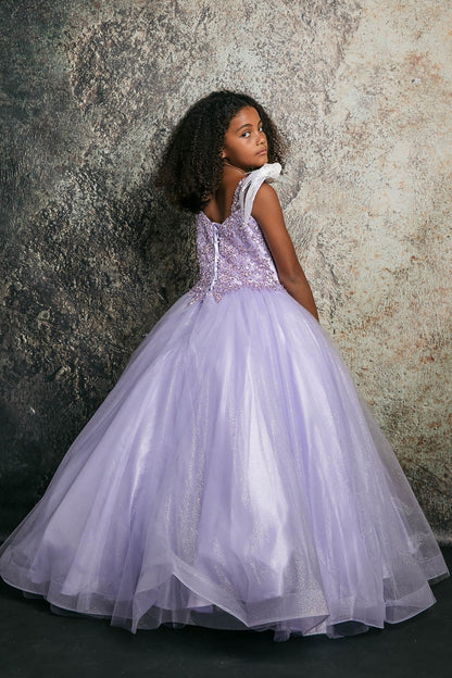 Detailed view highlights lilac Kids Dress with Sequin Beaded Embroidery Bodice and Glitter Tulle, Mini Quince Dress.