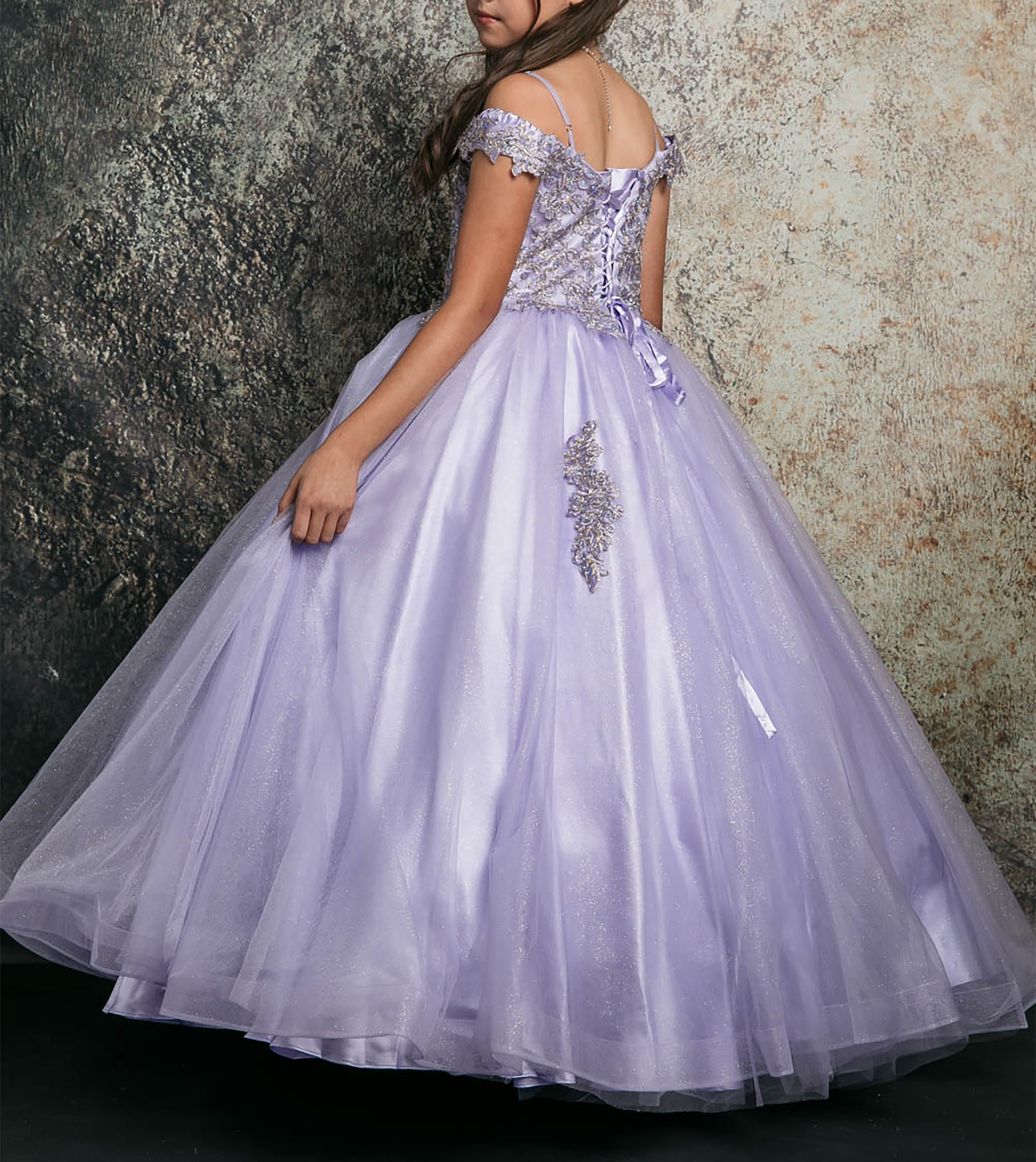 Back view of a lilac kids mini quinceanera mini quince dress with lace-up corset bodice, floral appliques, and layered tulle skirt.