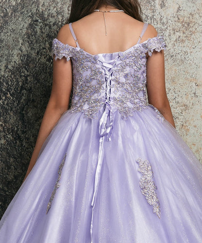 Back close -up view of a lilac kids mini quinceanera dress with lace corset bodice and floral appliques