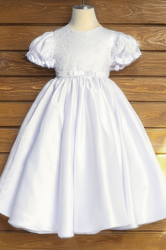 Front view of white Satin Embroidered Puff Sleeve Full flower girl dress & Dress. Also suitable as a communion dress.