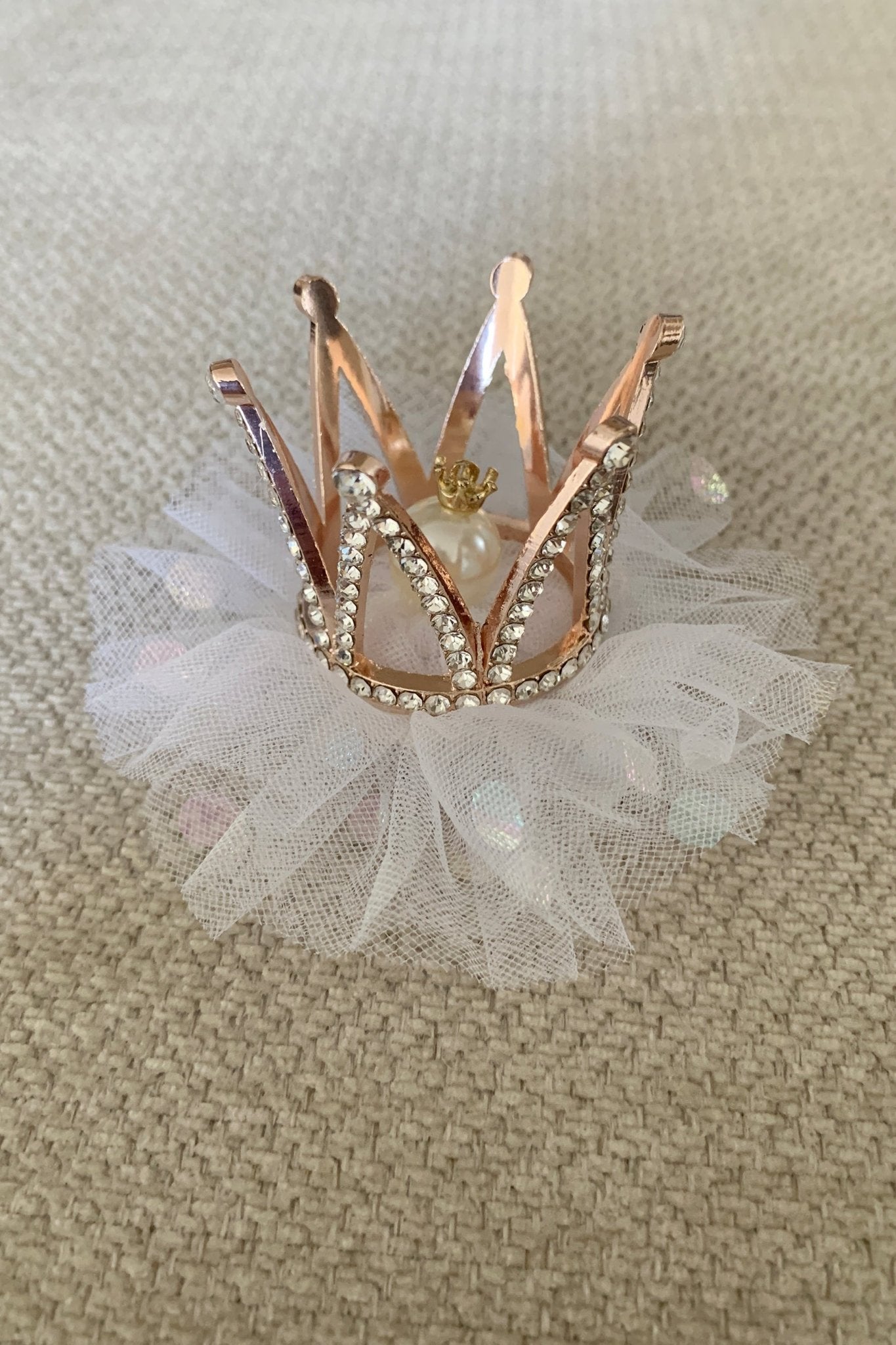 Gold rhinestone tulle flower girl tulle crown pin.