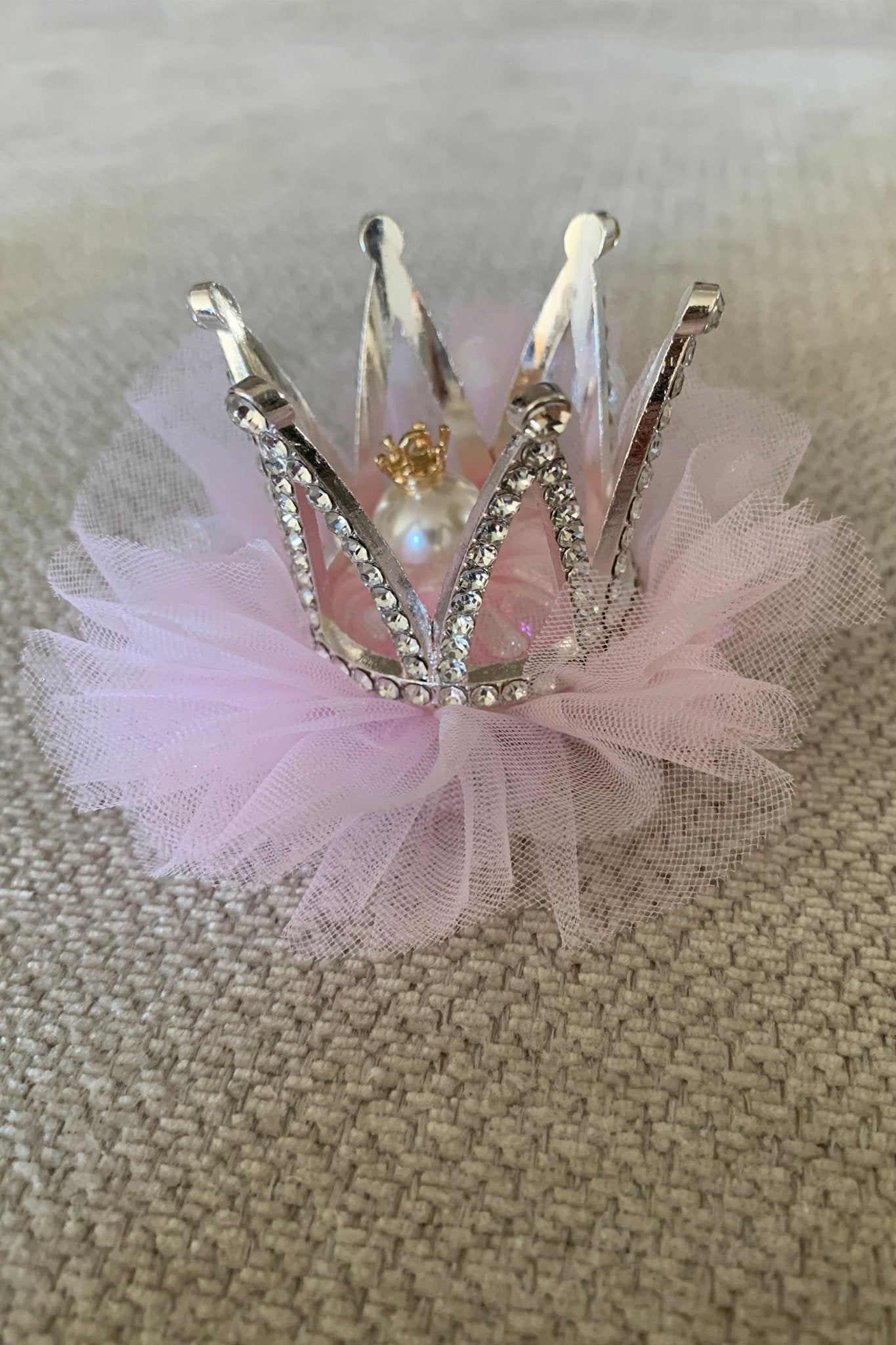 Silver rhinestone tulle flower girl tulle crown pin.