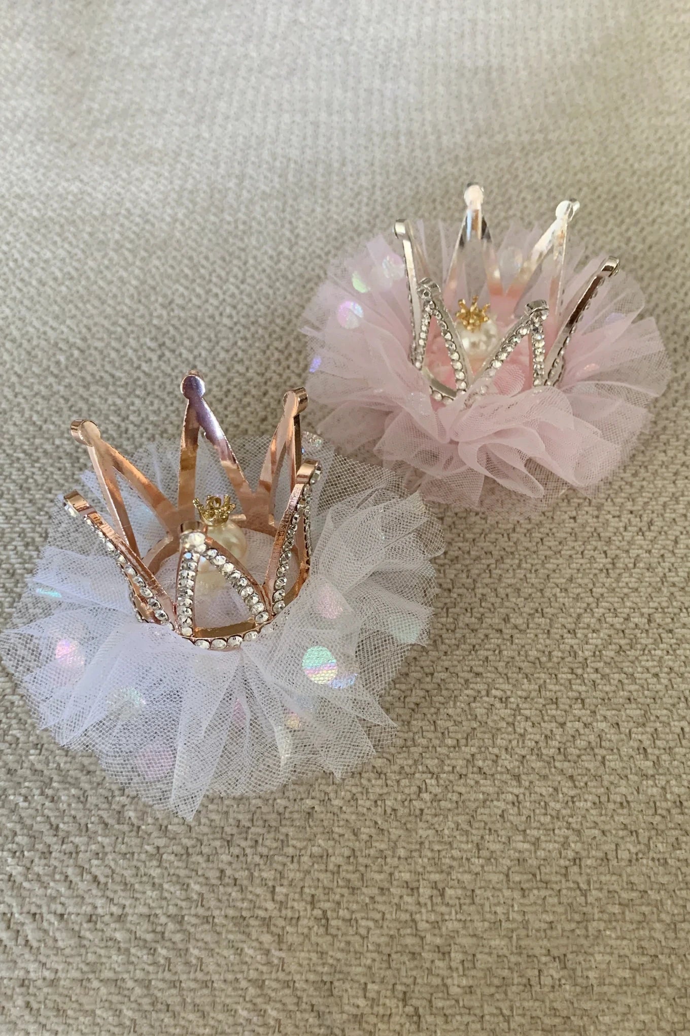 White and pink rhinestone tulle flower girl tulle crown pin.