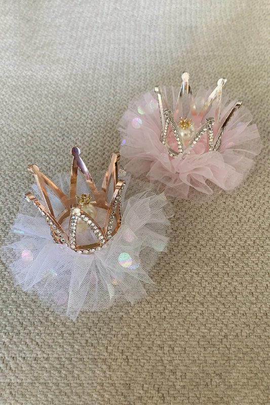 White and pink rhinestone tulle flower girl tulle crown pin.