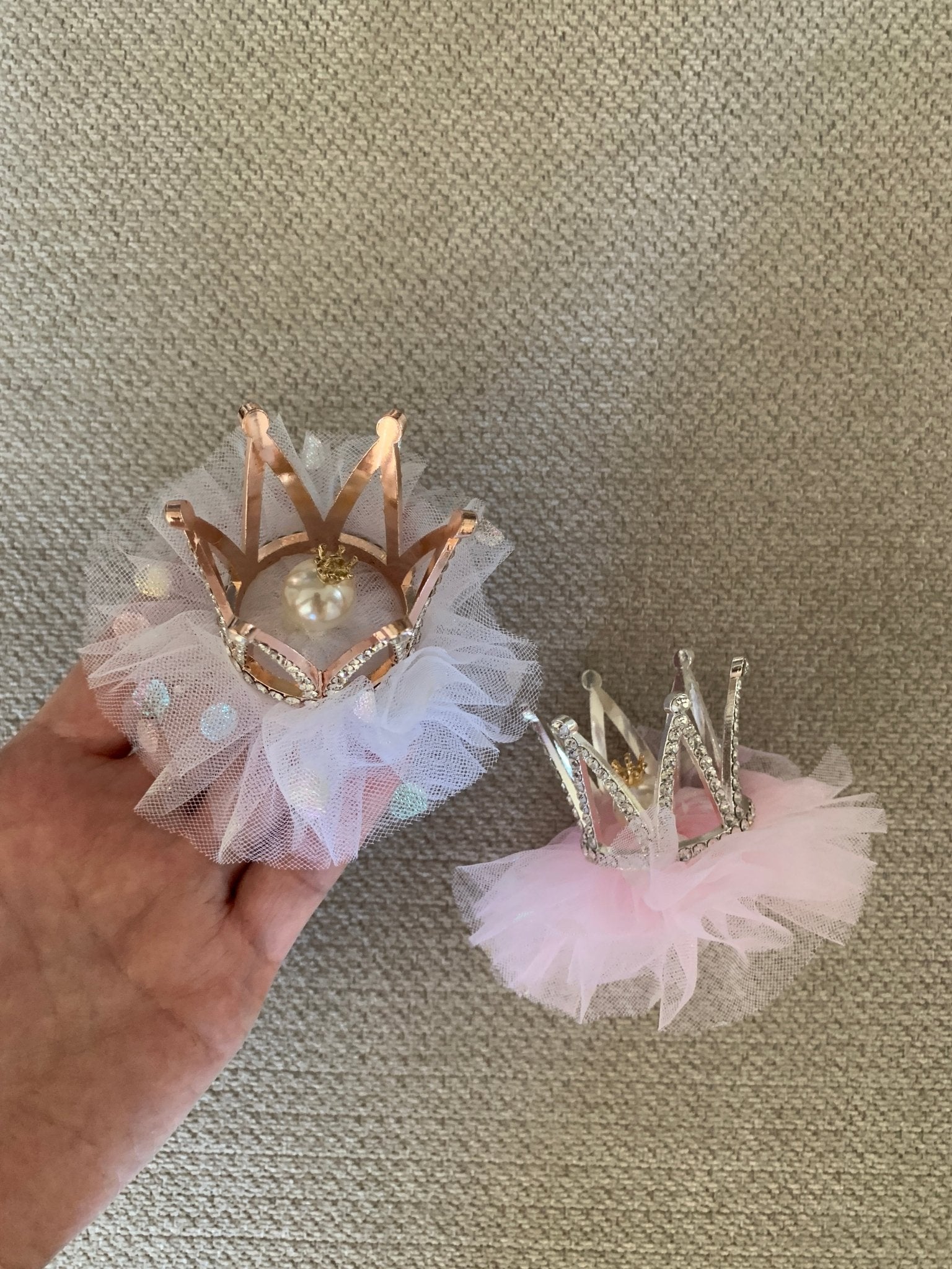White and pink rhinestone tulle flower girl tulle crown pin.